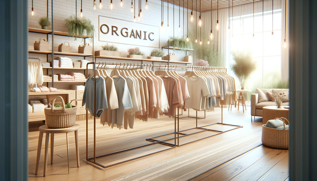 Modernes, helles Geschäft für Bio-Babymode mit geschlechtsneutralen, veganen Kleidungsstücken in sanften Farben
