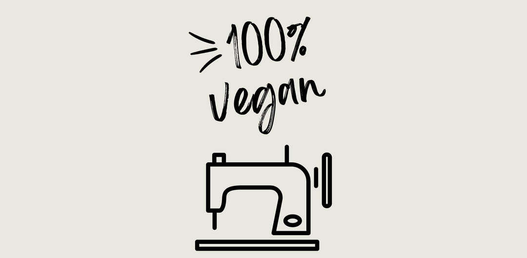 Schriftzug 100% vegan über stilisierter Nähmaschine auf hellem Hintergrund