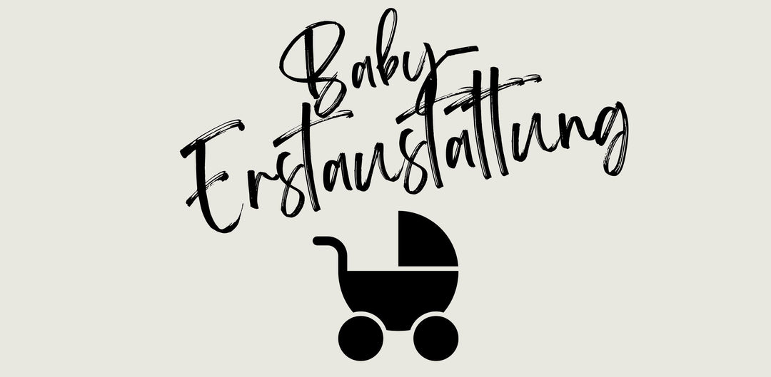 Schriftzug Baby Erstausstattung mit schwarzem Kinderwagen-Symbol auf hellem Hintergrund
