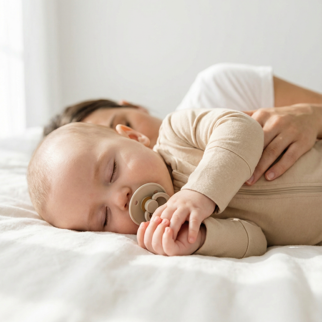 Schlafendes Baby mit Schnuller in beiger Bio-Babymode, liegend auf weißem Bett, ruhige Atmosphäre