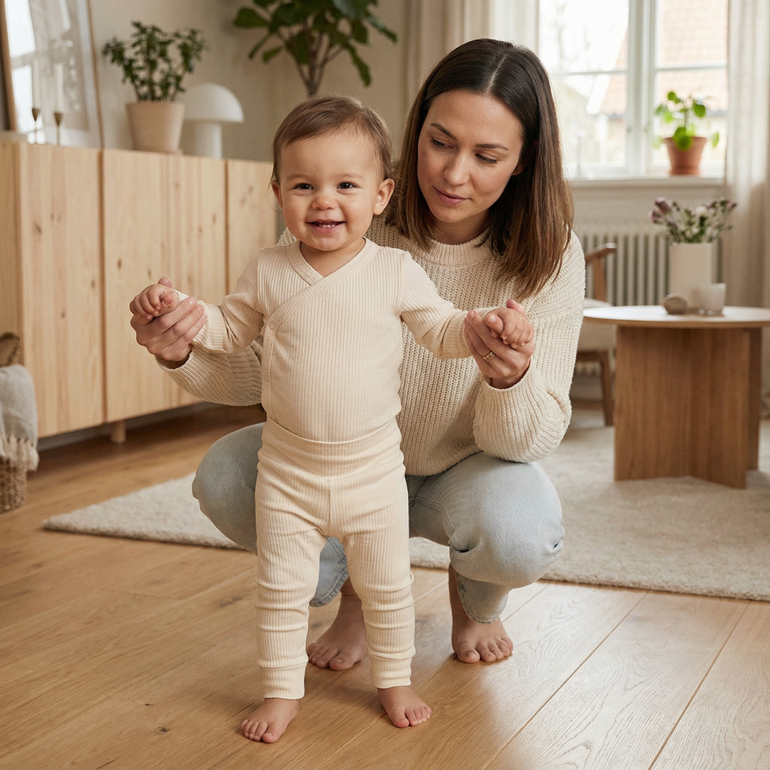 Junge Mutter hält Kleinkind an den Händen im skandinavisch inspirierten Wohnzimmer, natürliche Babykleidung