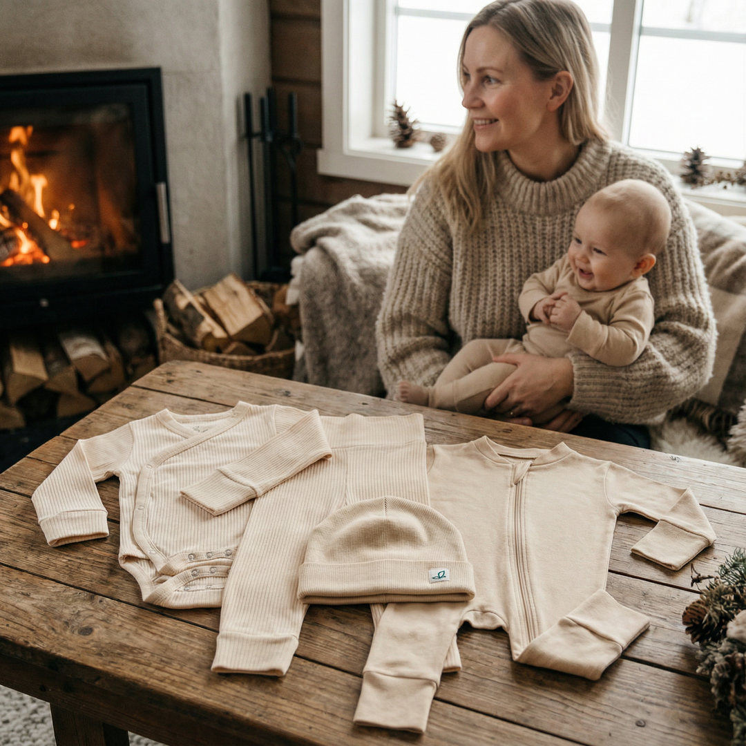 Skandinavische Mutter hält lachendes Baby in gemütlicher Stube mit Bio-Babymode auf Holztisch