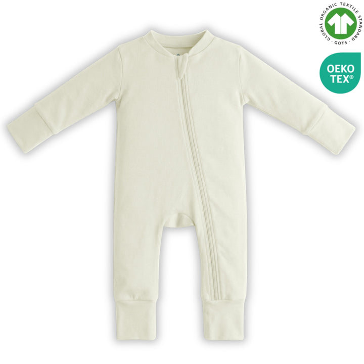 Elsara Bio-Babymode veganer einfarbiger cremefarbener Babystrampler mit diagonalem Reißverschluss und GOTS- sowie OEKO-TEX-Zertifikat