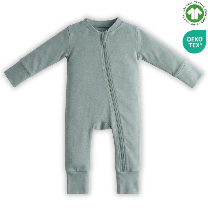 Mitwachsender Bio-Babyschlafanzug in Mintgrün mit diagonalem Reißverschluss, GOTS- und OEKO-TEX-Zertifizierung