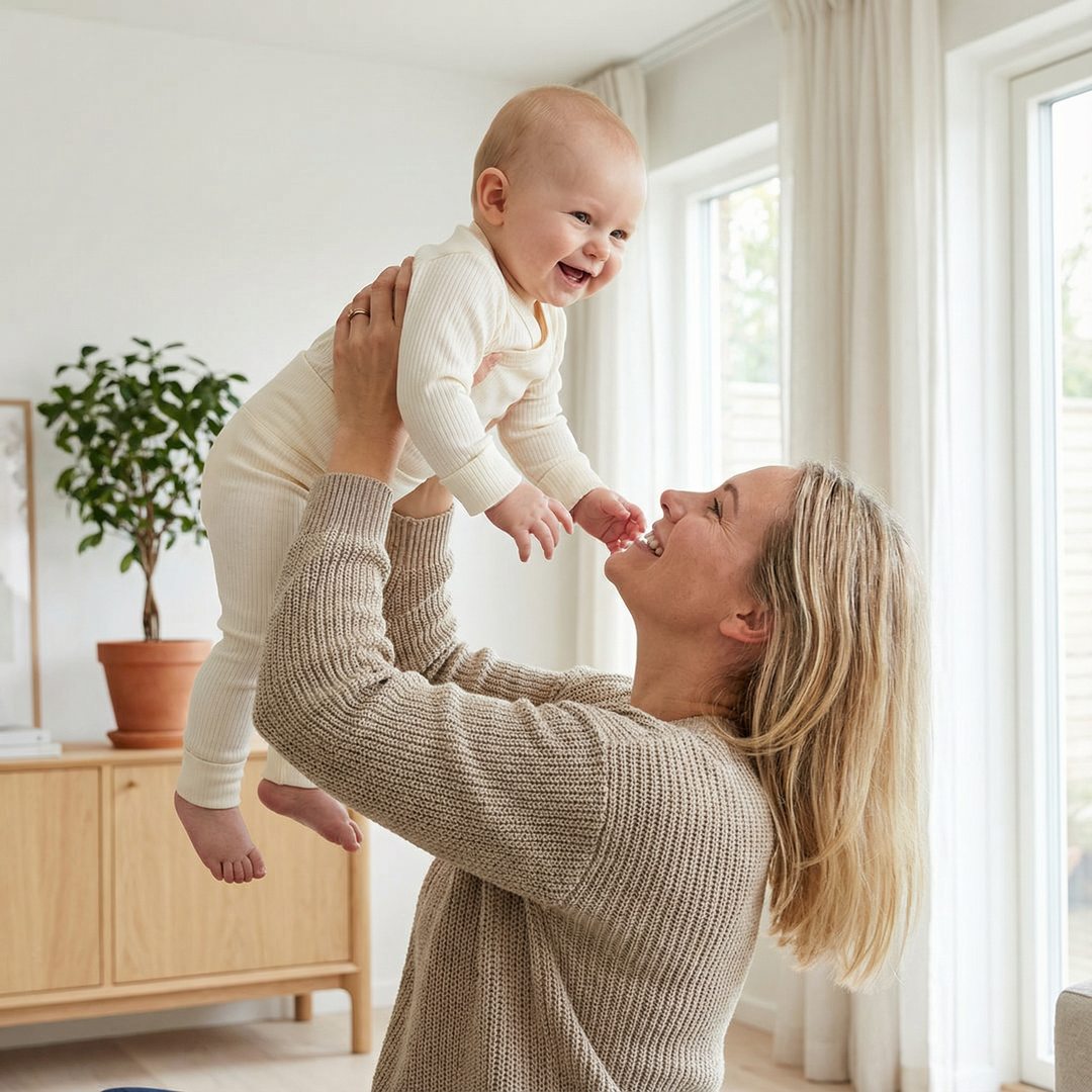 Mutter hebt lächelnd Baby in heller, skandinavisch inspirierter Inneneinrichtung, tragt vegane Bio-Babymode