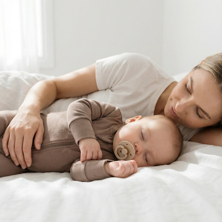 Eine Mutter liegt entspannt neben ihrem schlafenden Baby in Bio-Babykleidung auf weißem Bett