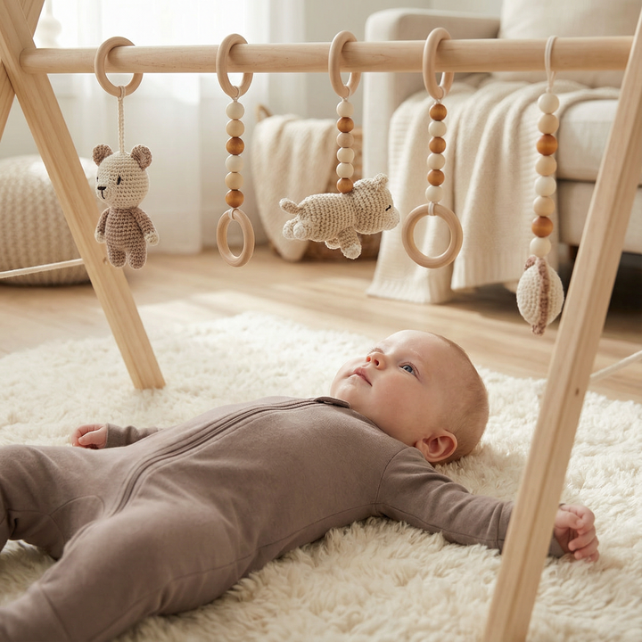 Baby liegt auf weichem cremefarbenem Teppich und schaut auf einen Holz-Babyspielbogen mit gehäkeltem Spielzeug