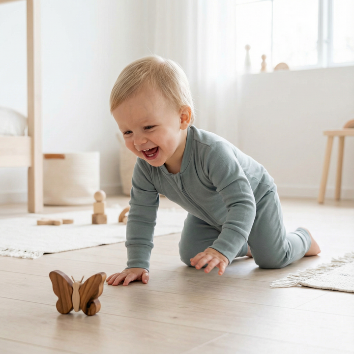 Lachendes Kleinkind in skandinavischem, hellem Spielzimmer mit Bio-Babymode von Elsara