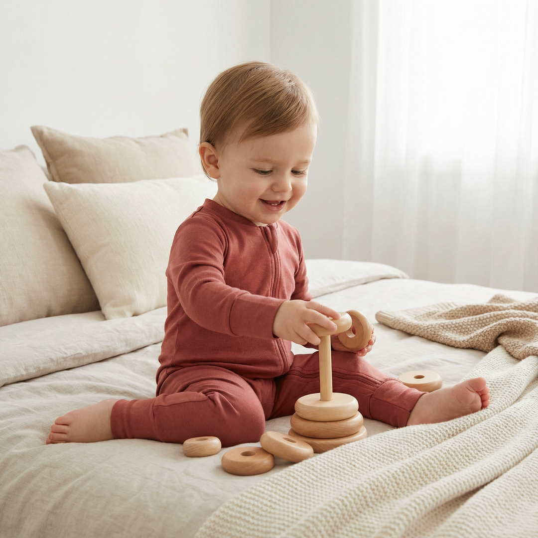 Lächelndes skandinavisches Kleinkind in Bio-Babymode spielt mit Holzspielzeug auf hellem Bett