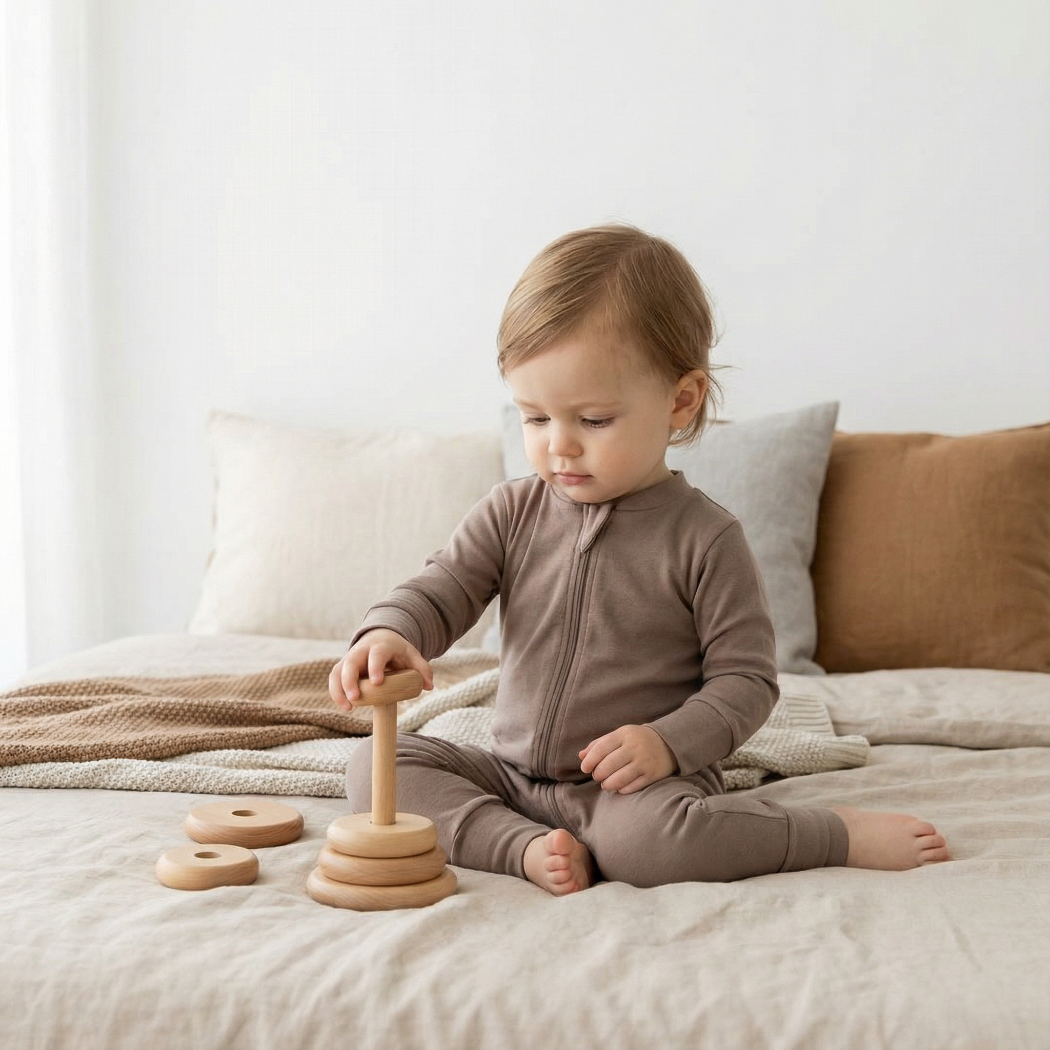 Kleinkind im Bio-Baumwoll-Einteiler sitzt auf hellem Bett in skandinavischem Zuhause und spielt mit Holzspielzeug