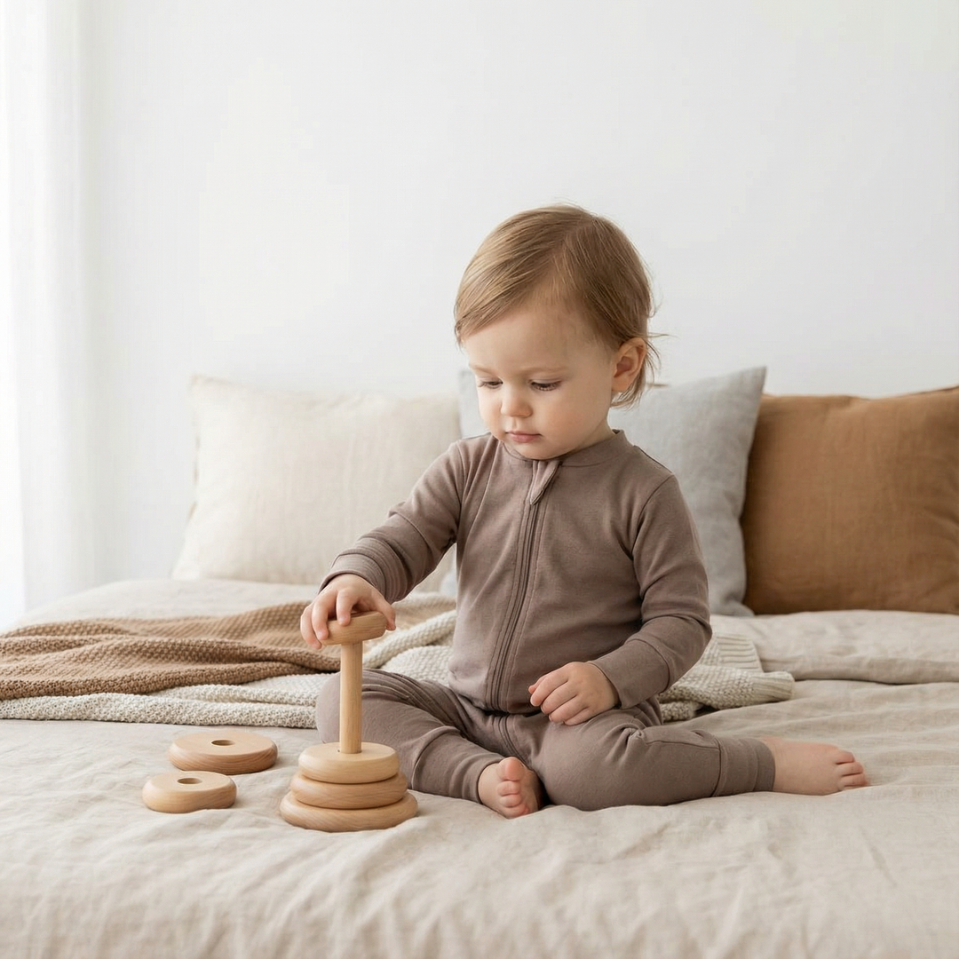 Kleinkind im Bio-Baumwoll-Einteiler sitzt auf hellem Bett in skandinavischem Zuhause und spielt mit Holzspielzeug