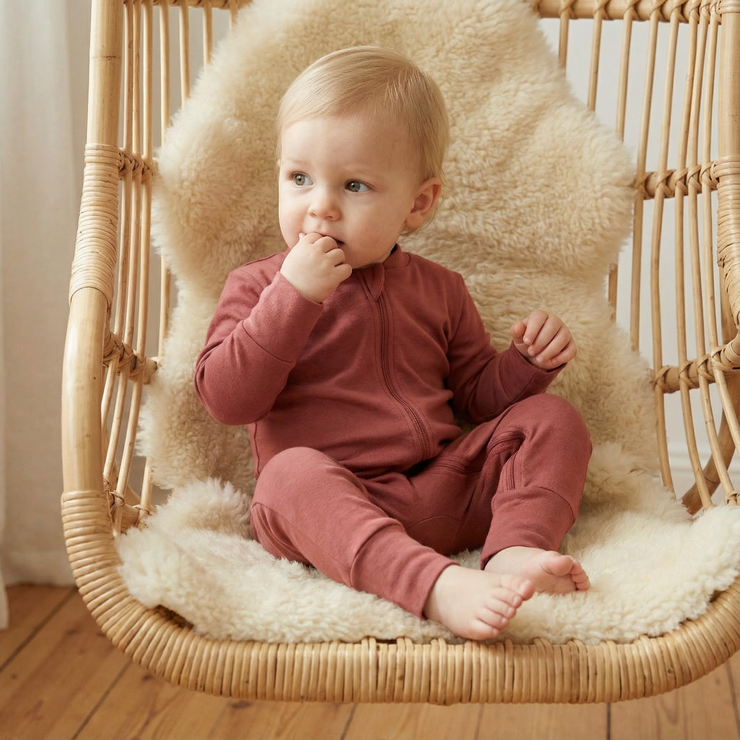 Kleinkind mit blonden Haaren sitzt in einem Korbsessel mit Lammfell, trägt vegane Bio-Babymode