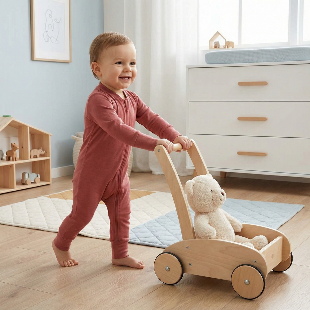 Kleinkind in braunem Bio-Einteiler schiebt Holzspielzeug mit Teddybär in skandinavischem, nachhaltigem Babyzimmer