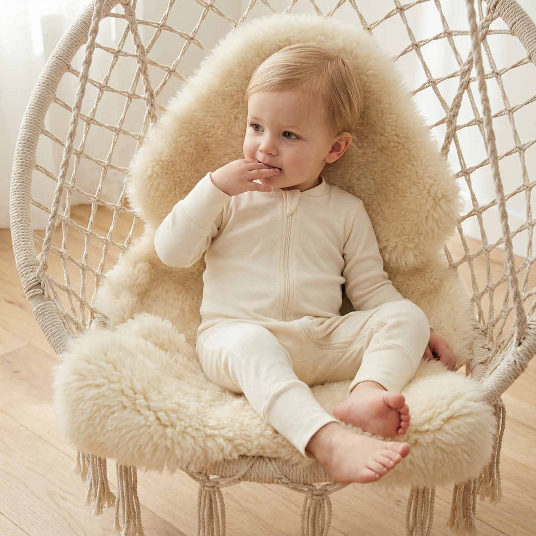 Kleinkind in neutralem Bio-Schlafanzug sitzt gemütlich in skandinavischem Hängesessel mit Fell.