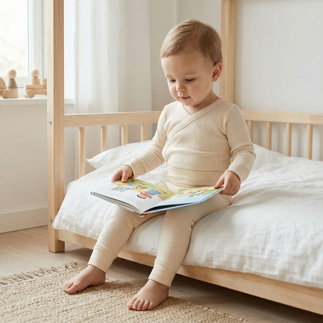 Kleinkind in beiger, veganer Bio-Babymode sitzt auf skandinavischem Kinderbett und liest Buch