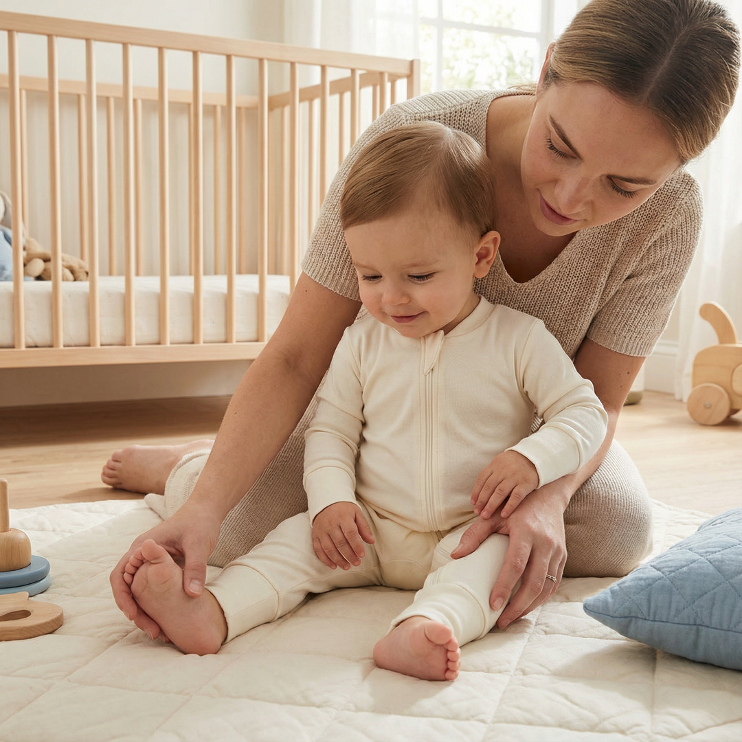 Junge Mutter spielt mit Baby in skandinavisch gestaltetem Kinderzimmer mit Bio-Babykleidung