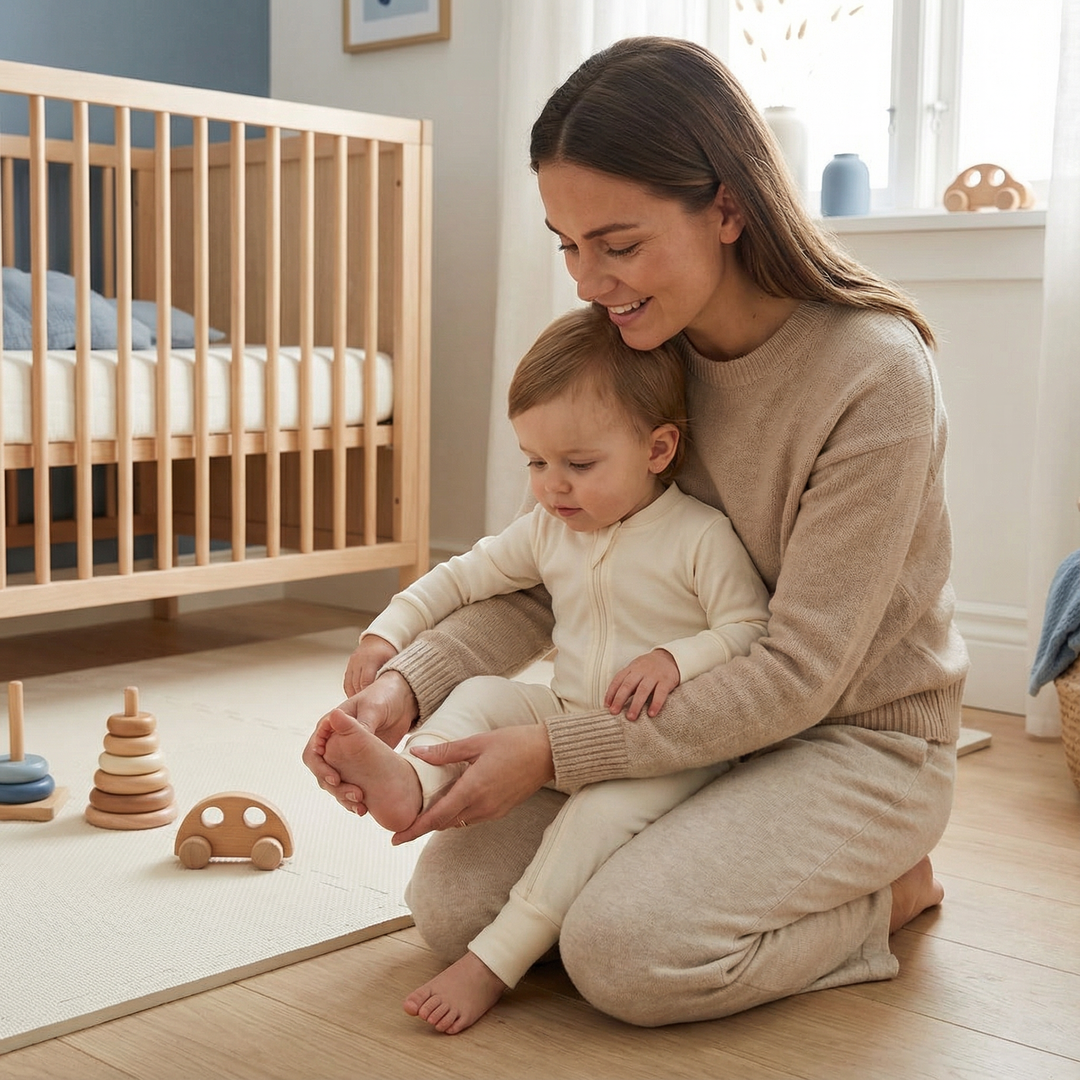 Junge Pflegekraft spielt mit Kleinkind auf Boden in skandinavischem Bio-Babymode-Zimmer