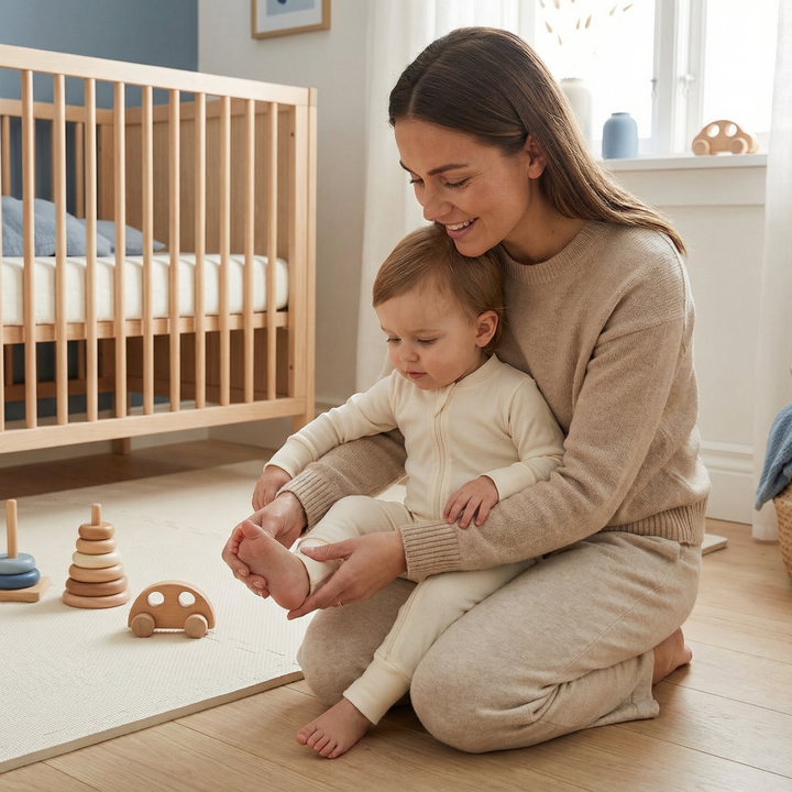 Junge Pflegekraft spielt mit Kleinkind auf Boden in skandinavischem Bio-Babymode-Zimmer