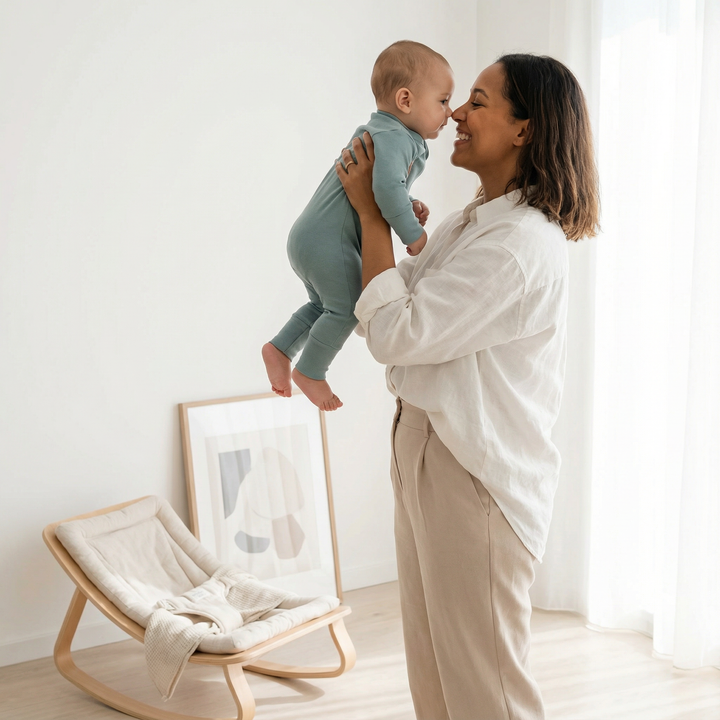 Junge Mutter hält ihr Baby in einem hellen, skandinavisch eingerichteten Raum, vegane Bio-Babymode