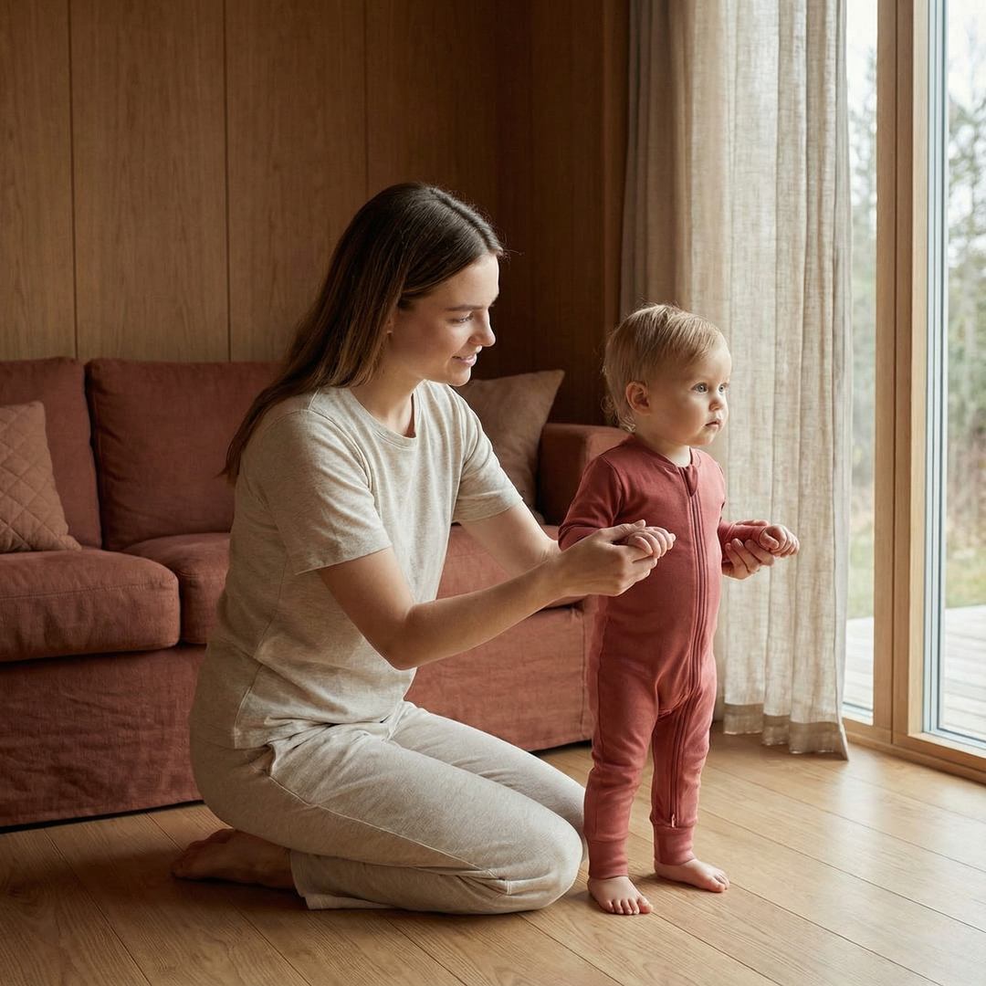 Junge Mutter kniet und hält Kleinkind an den Händen in skandinavisch gestaltetem Wohnzimmer mit Holz- und Naturtönen