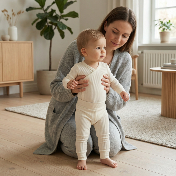 Mutter mit Kleinkind in hell eingerichteter skandinavischer Wohnung, kindgerechte Bio-Babymode