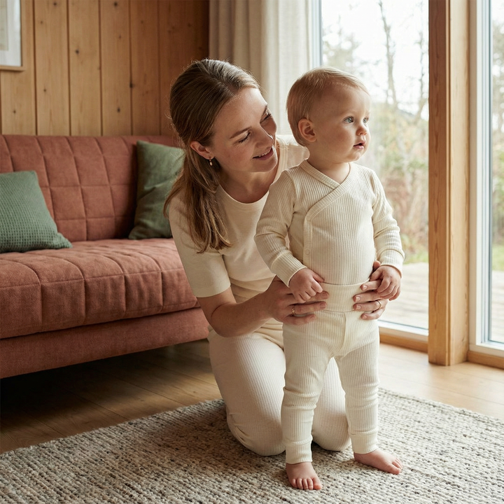 Junge Mutter kniet im skandinavisch eingerichteten Wohnzimmer und hält ihr Kleinkind in heller Bio-Babymode