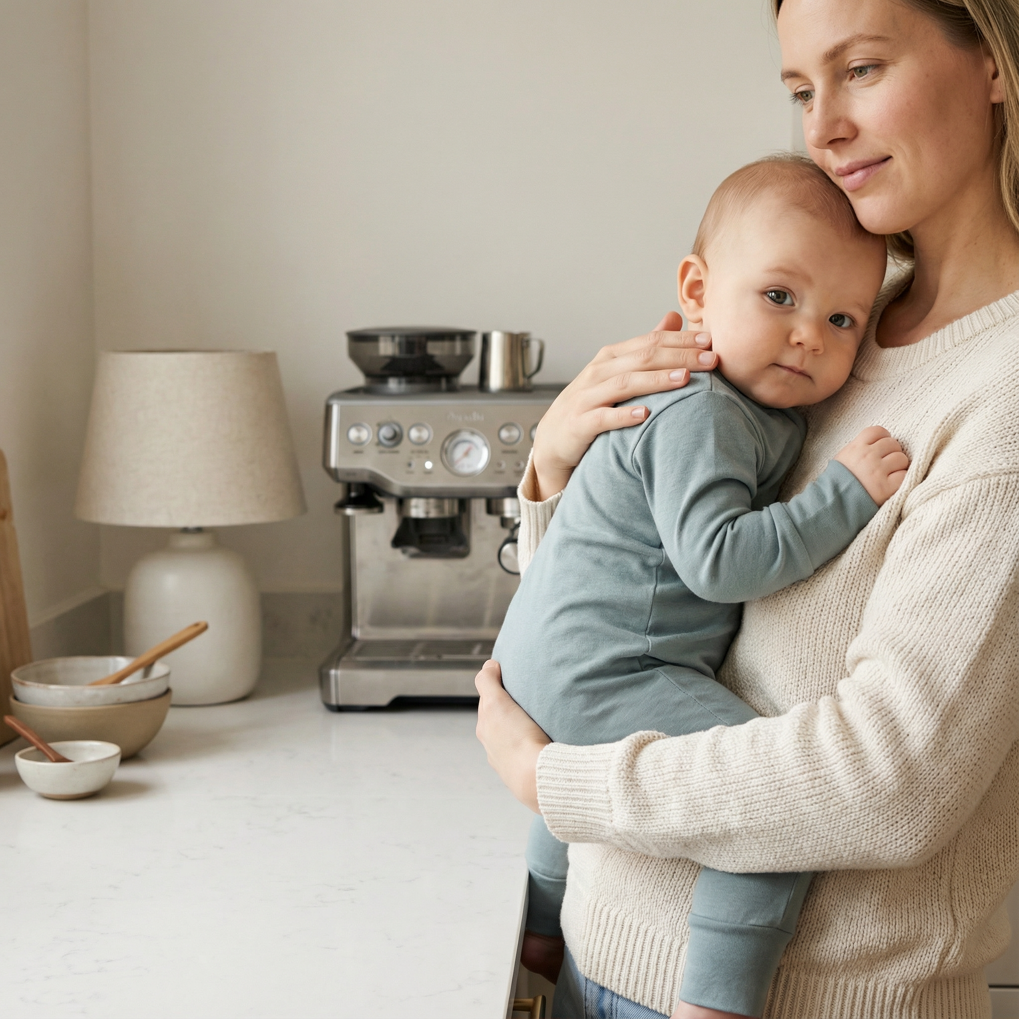 Mutter hält Baby nah am Körper in heller nordischer Küche mit Kaffeevollautomat, entspannt, bio Kinderkleidung