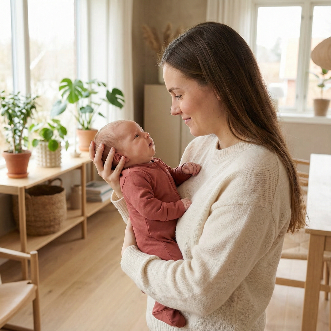 Junge Mutter hält Neugeborenes in Bio-Babymode in hellem skandinavischem Wohnraum mit Pflanzen