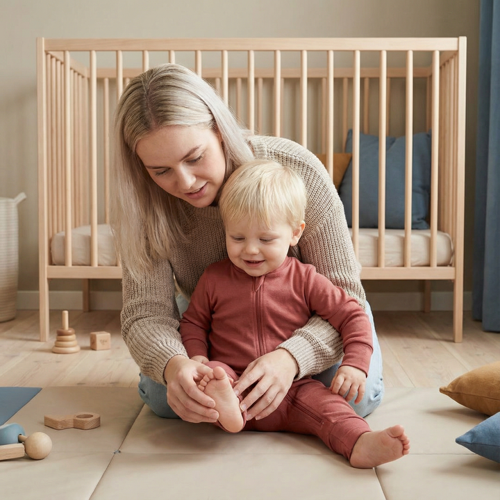 Skandinavische Betreuungsperson sitzt mit Kleinkind in Bio-Babykleidung vor Kinderbett im hellen Kinderzimmer