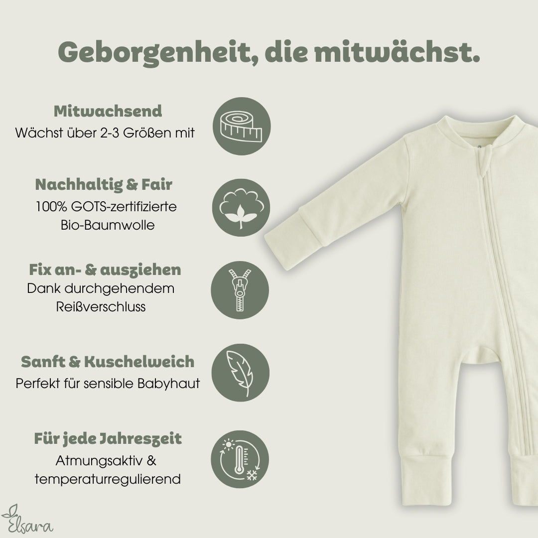 Mitwachsender, veganer Bio-Babyschlafanzug aus 100% GOTS-zertifizierter Baumwolle, atmungsaktiv und temperaturregulierend
