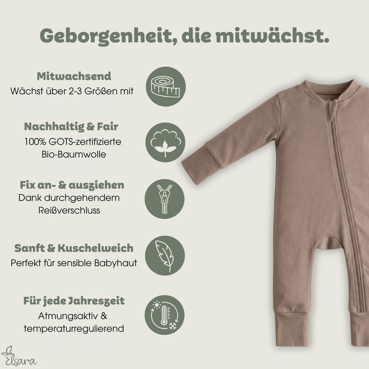 Beiger Bio-Babyschlafanzug aus 100% GOTS-zertifizierter Baumwolle mit Reißverschluss, nachhaltige vegane Babymode