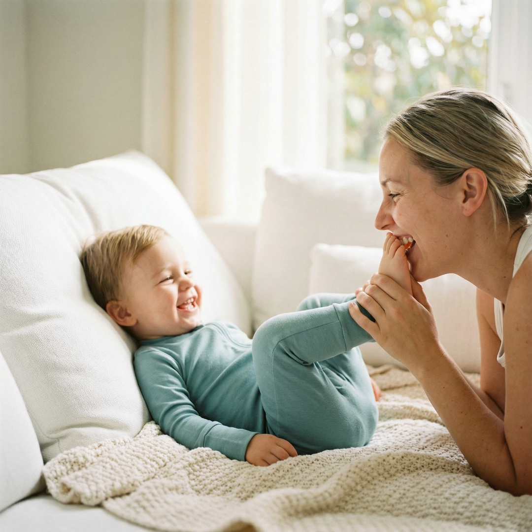 Kleinkind in dunkelgrünem Schlafanzug liegt lachend auf hellen Decken, Mutter küsst spielerisch Fuß