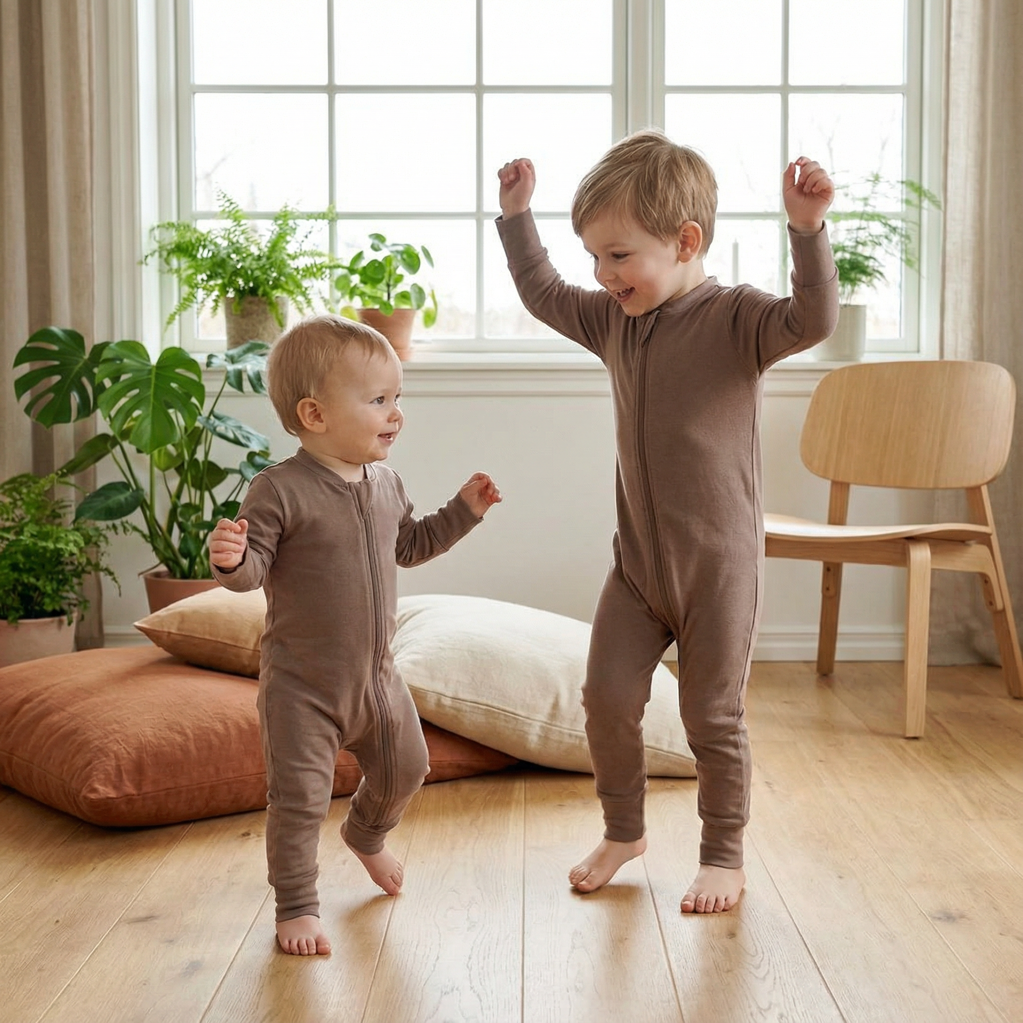 Zwei kleine Kinder in beigen Bio-Stramplern spielen fröhlich in skandinavisch gestaltetem Wohnraum mit Pflanzen